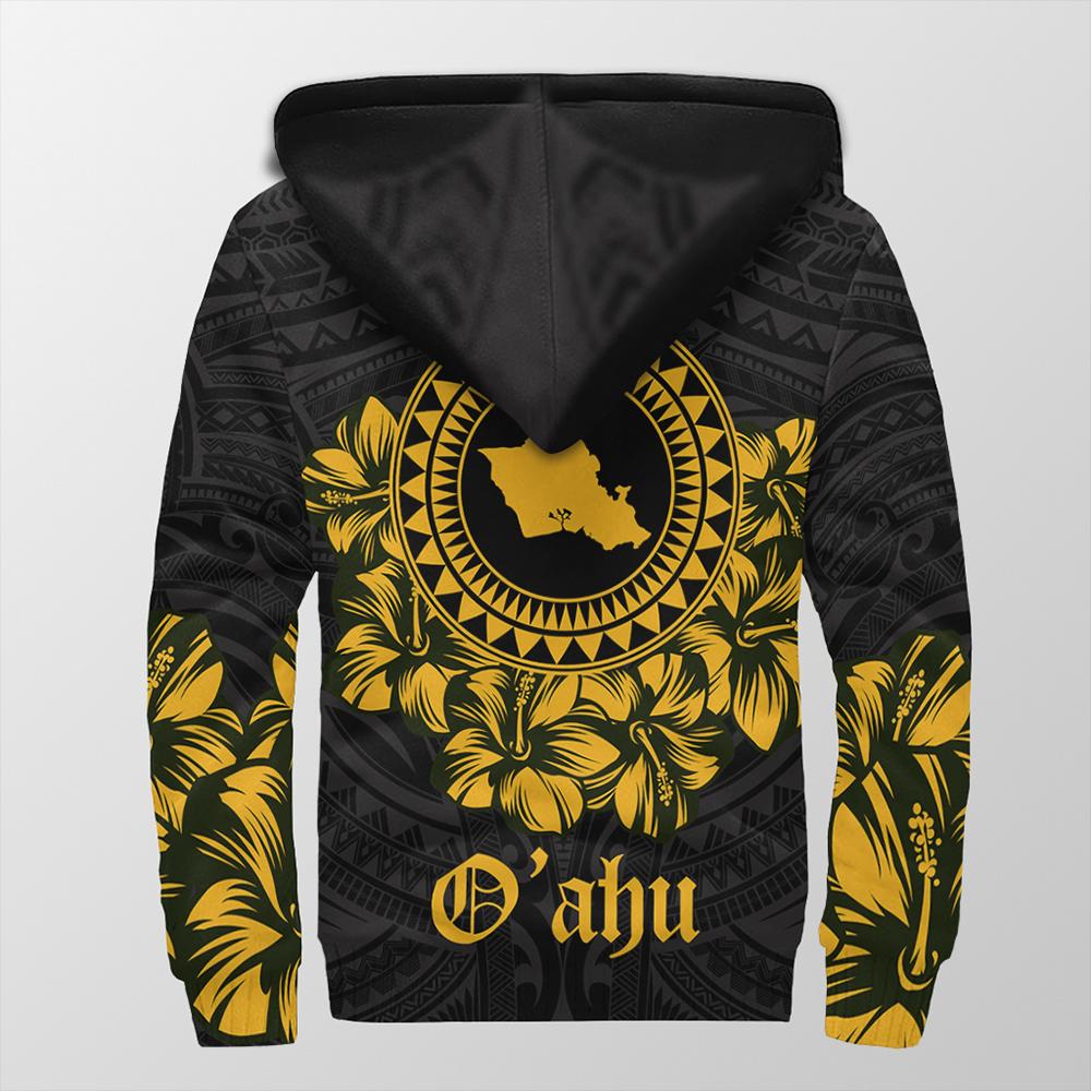 Oahu Map Hibiscus Polynesian Sherpa Hoodie - Lithe Style - AH - Polynesian Pride