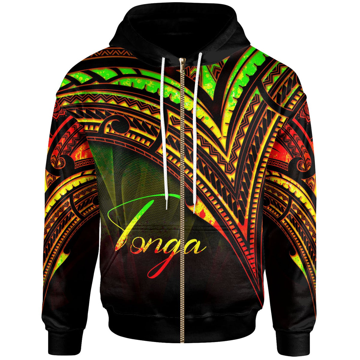Tonga Zip Hoodie Reggae Color Cross Style Unisex Black - Polynesian Pride