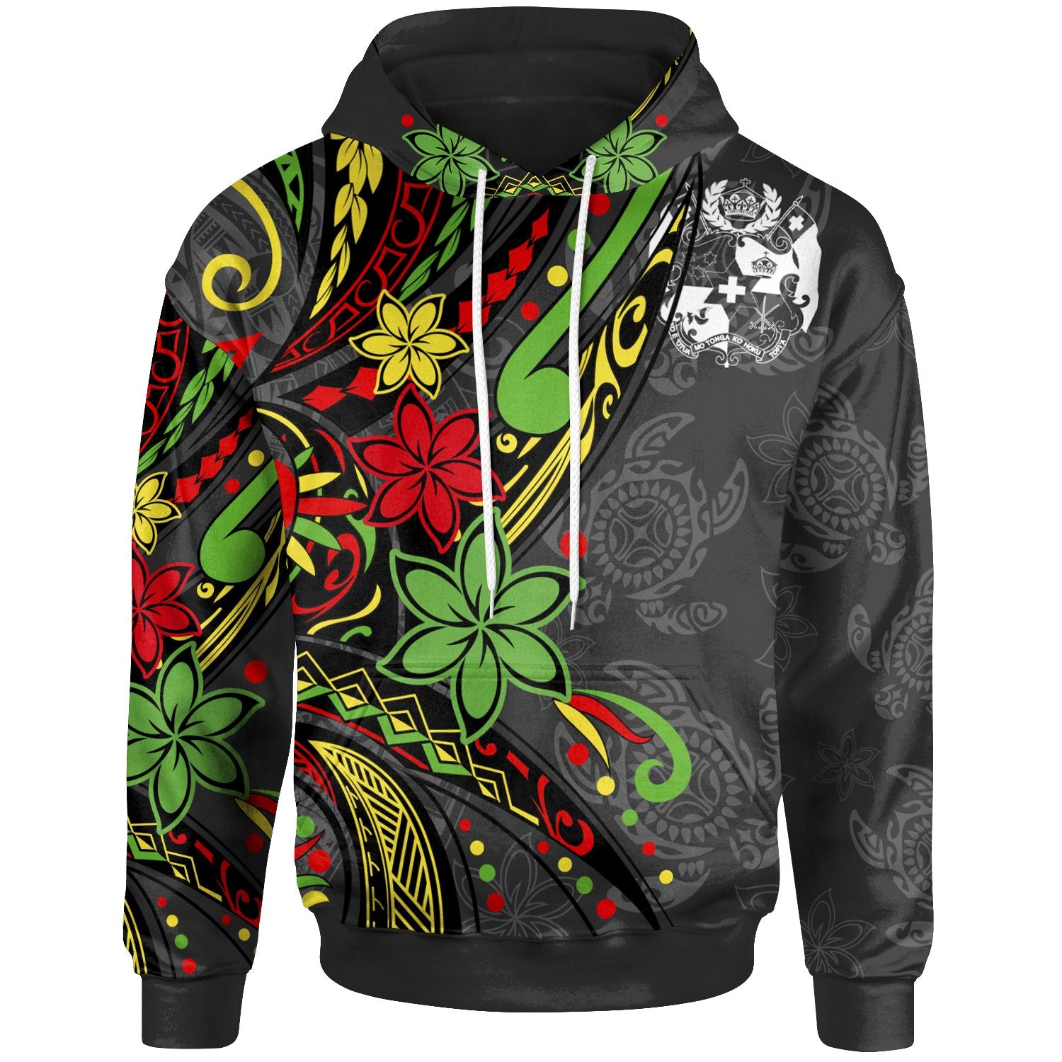 Tonga Hoodie Tribal Flower With Special Turtles Unisex Black - Polynesian Pride