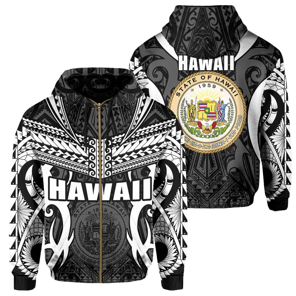 Hawaii Polynesian Tribal Coat of Arms Zipper Hoodie White Mark Style Unisex White - Polynesian Pride