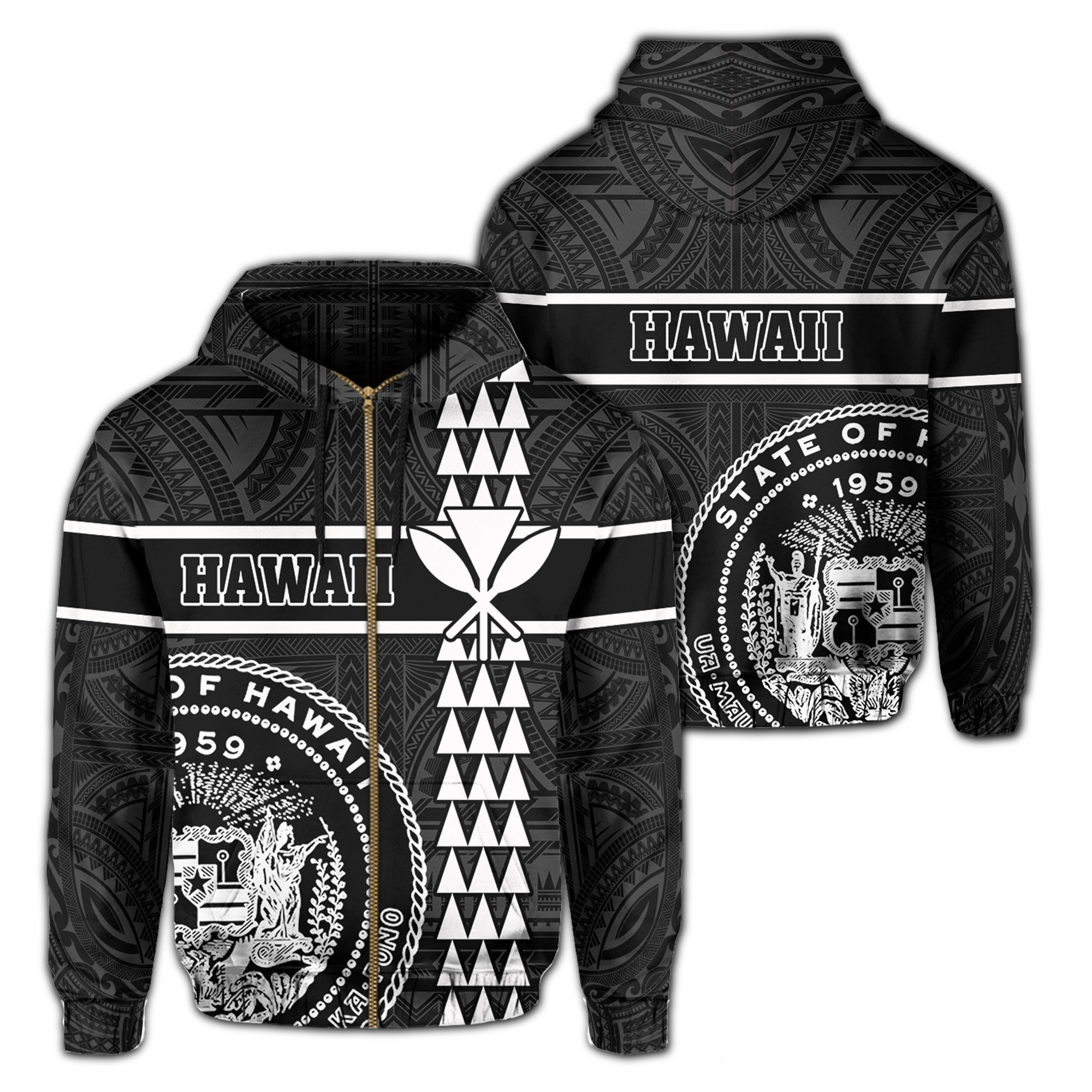 Polynesian Kakau Kanaka Seal of Hawaii Zip Hoodie White Unisex White - Polynesian Pride