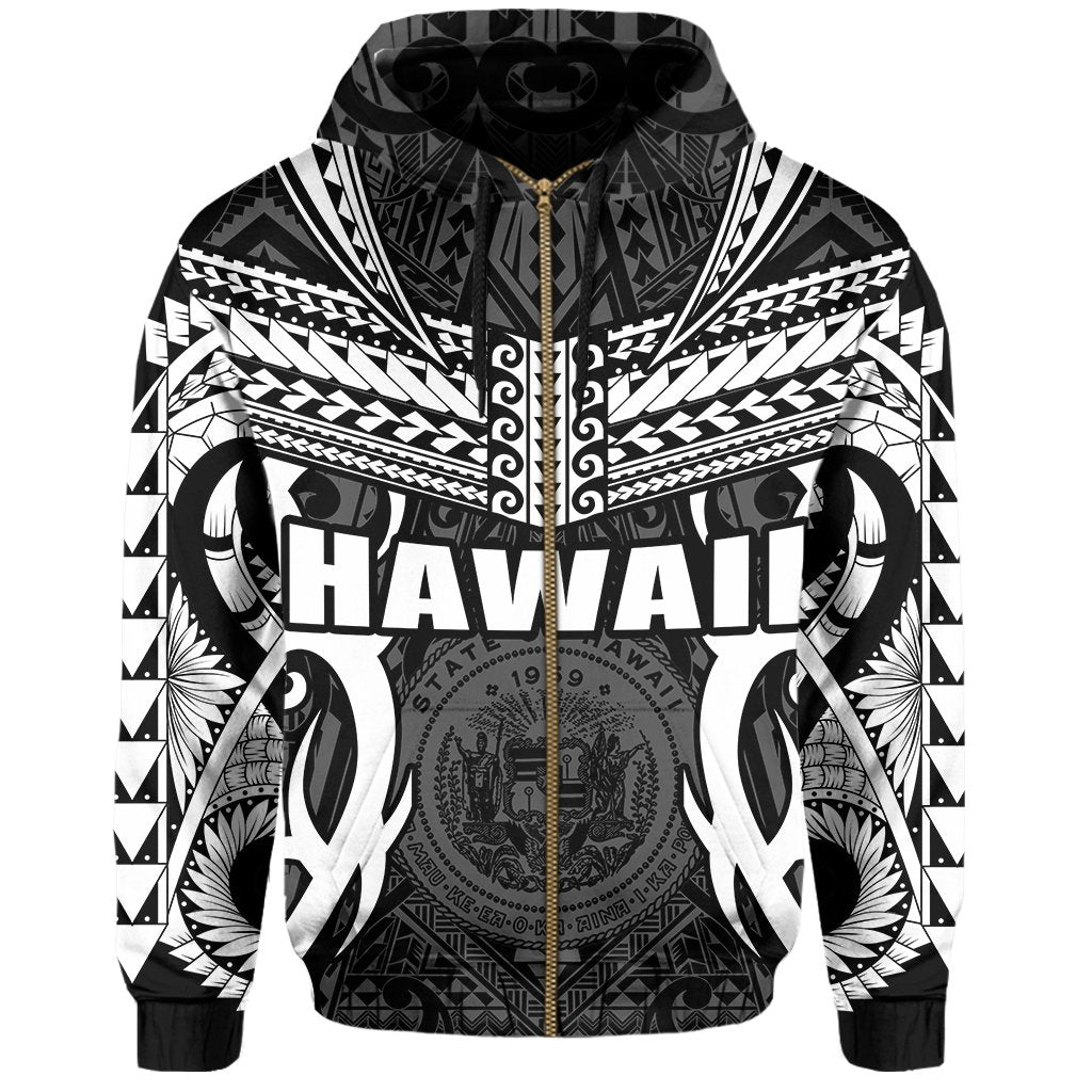 Hawaii Polynesian Tribal Coat of Arms Zipper Hoodie White Mark Style - Polynesian Pride