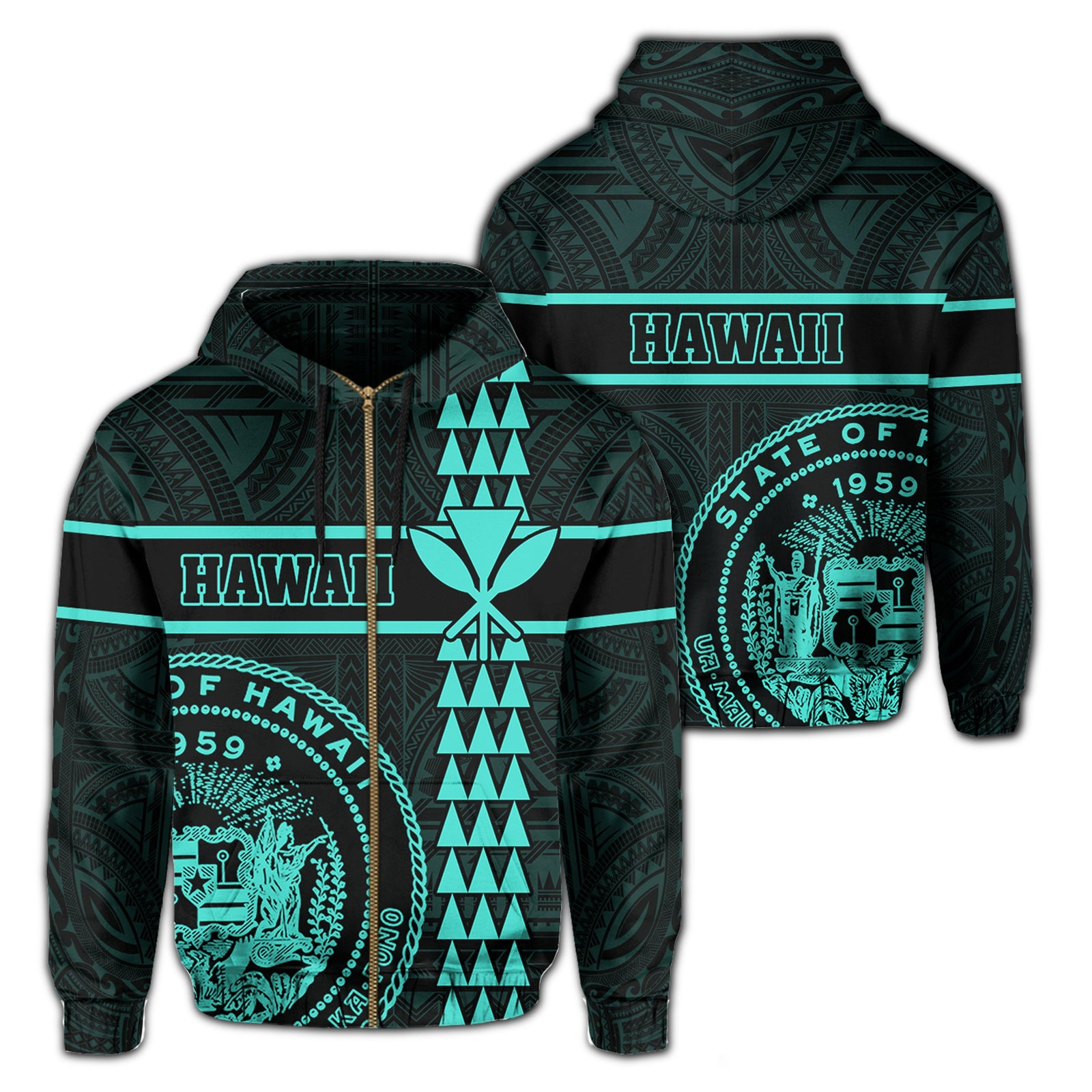 Polynesian Kakau Kanaka Seal of Hawaii Zip Hoodie Turquoise Unisex Turquoise - Polynesian Pride