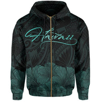 Polynesian Hibiscus Seal of Hawaii Zip Hoodie Turquoise - Polynesian Pride