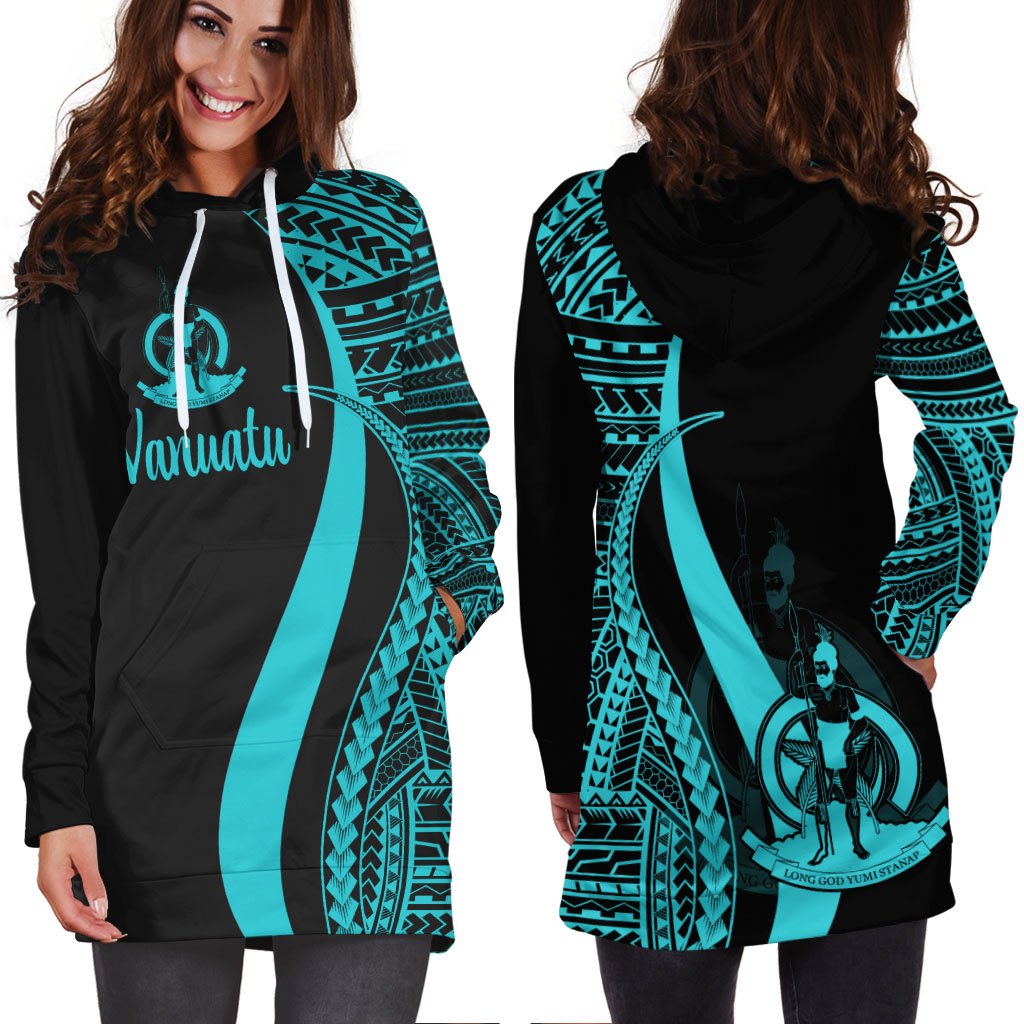 Vanuatu Women's Hoodie Dress - Turquoise Polynesian Tentacle Tribal Pattern - Polynesian Pride