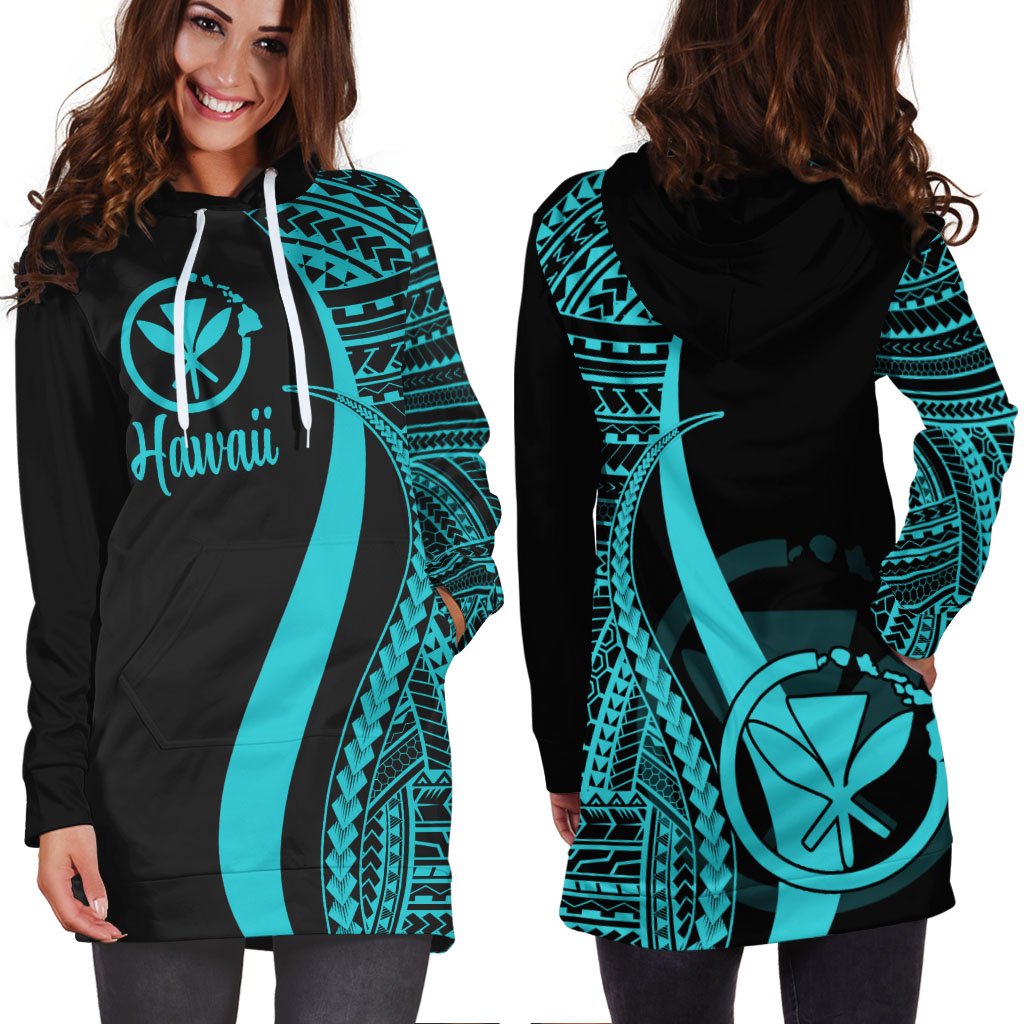 Hawaii Women's Hoodie Dress - Turquoise Polynesian Tentacle Tribal Pattern - Polynesian Pride