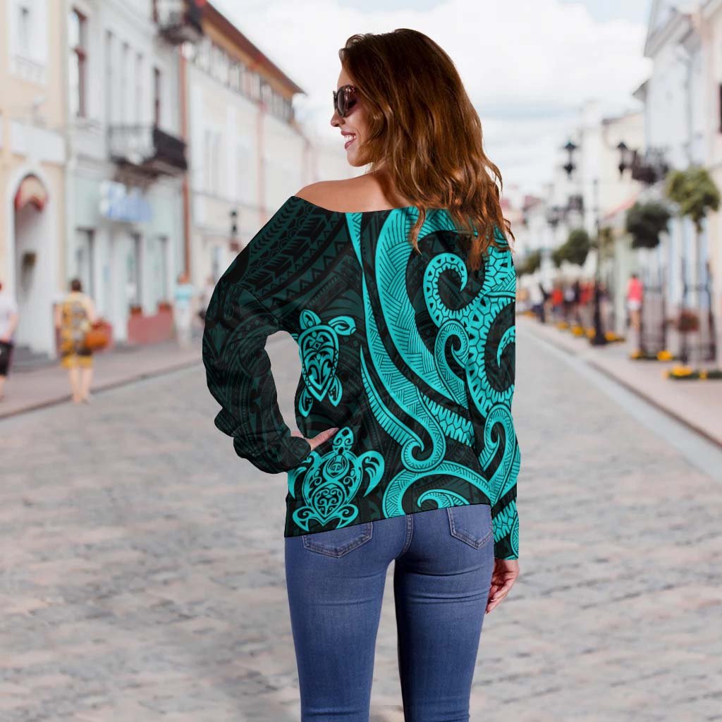 Tokelau Women's Off Shoulder Sweater - Turquoise Tentacle Turtle - Polynesian Pride