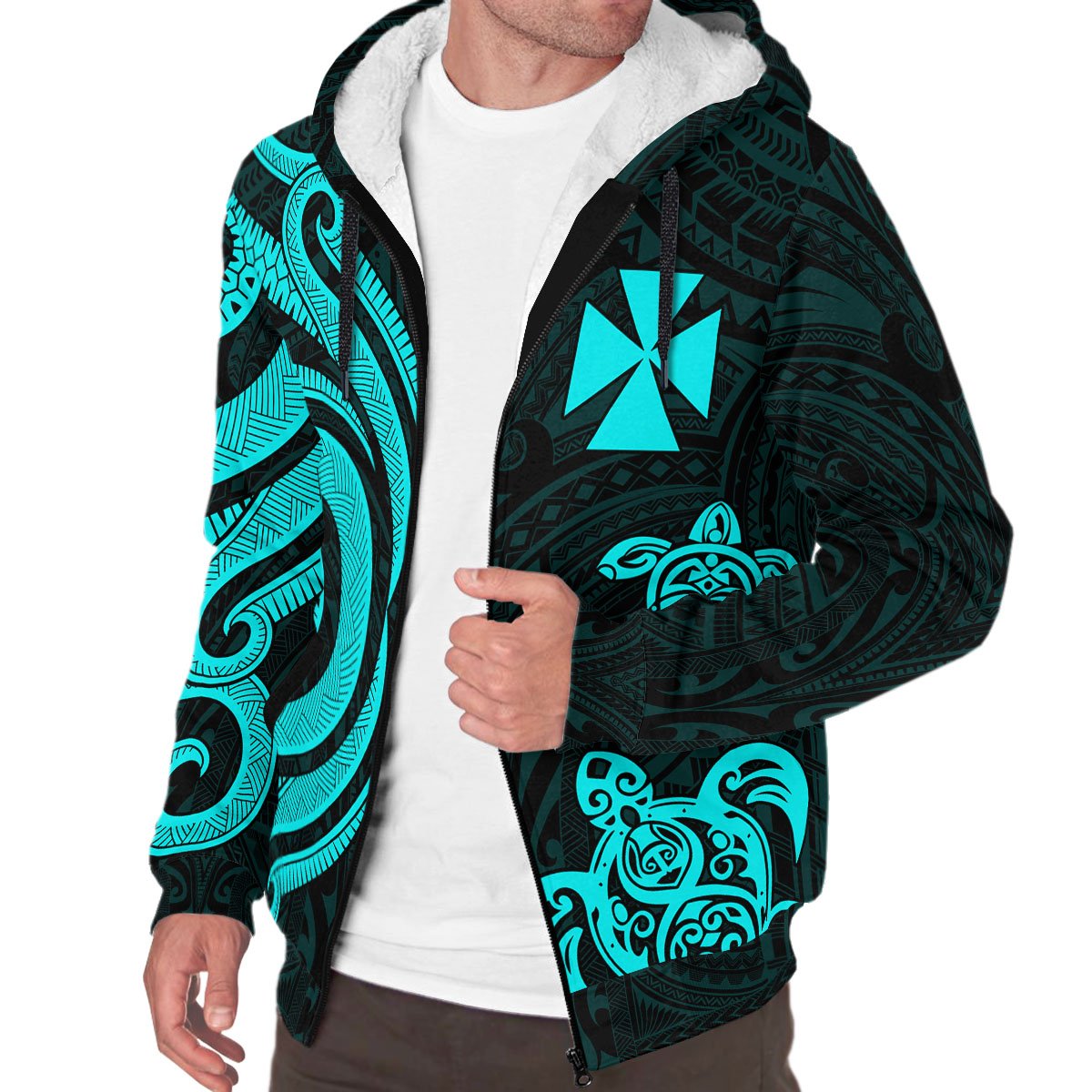Wallis and Futuna Sherpa Hoodie - Turquoise Tentacle Turtle - Polynesian Pride