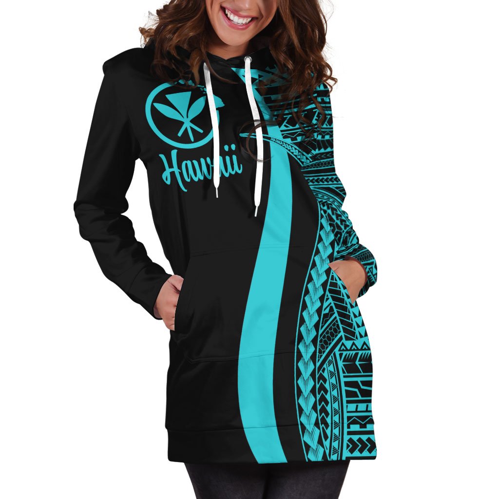 Hawaii Women's Hoodie Dress - Turquoise Polynesian Tentacle Tribal Pattern - Polynesian Pride