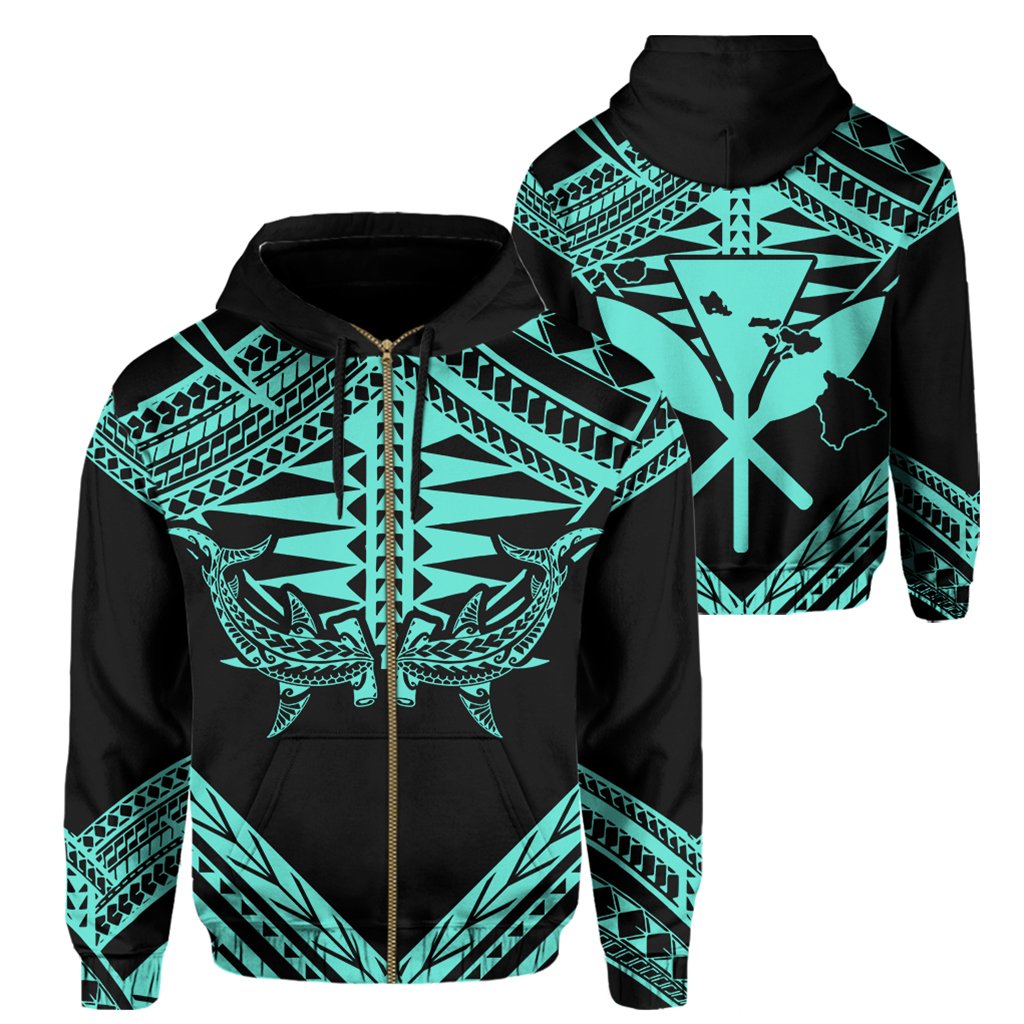 Hawaii Shark Polynesian Kanaka Turquoise Hoodie (Zip up) Candy Style Unisex Black - Polynesian Pride