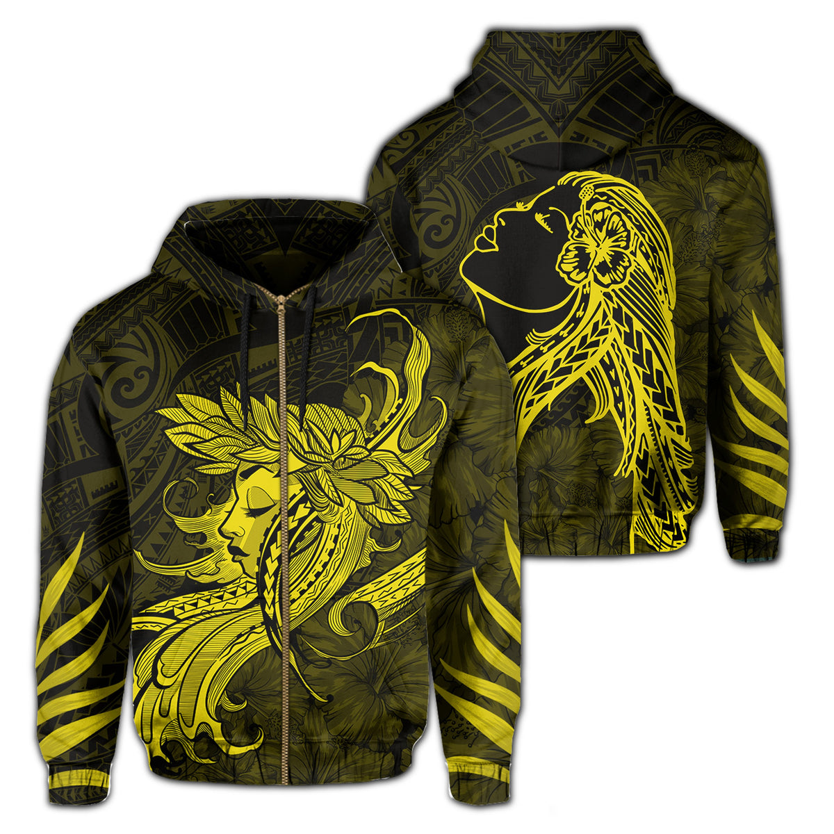 Polynesian Tropic Hula Girl Hibiscus Hawaii Zip Hoodie Yellow Unisex Yellow - Polynesian Pride