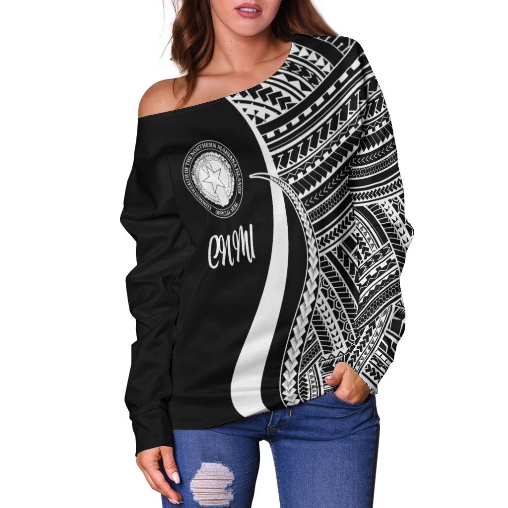 Northern Mariana Islands Women's Off Shoulder Sweater - White Polynesian Tentacle Tribal Pattern - Polynesian Pride