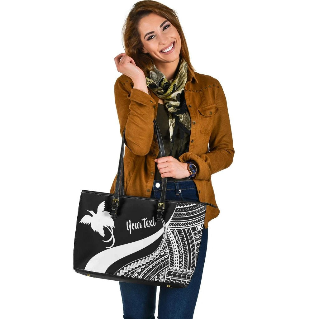 Papua New Guinea Custom Personalised Large Leather Tote Bag - White Polynesian Tentacle Tribal Pattern - Polynesian Pride