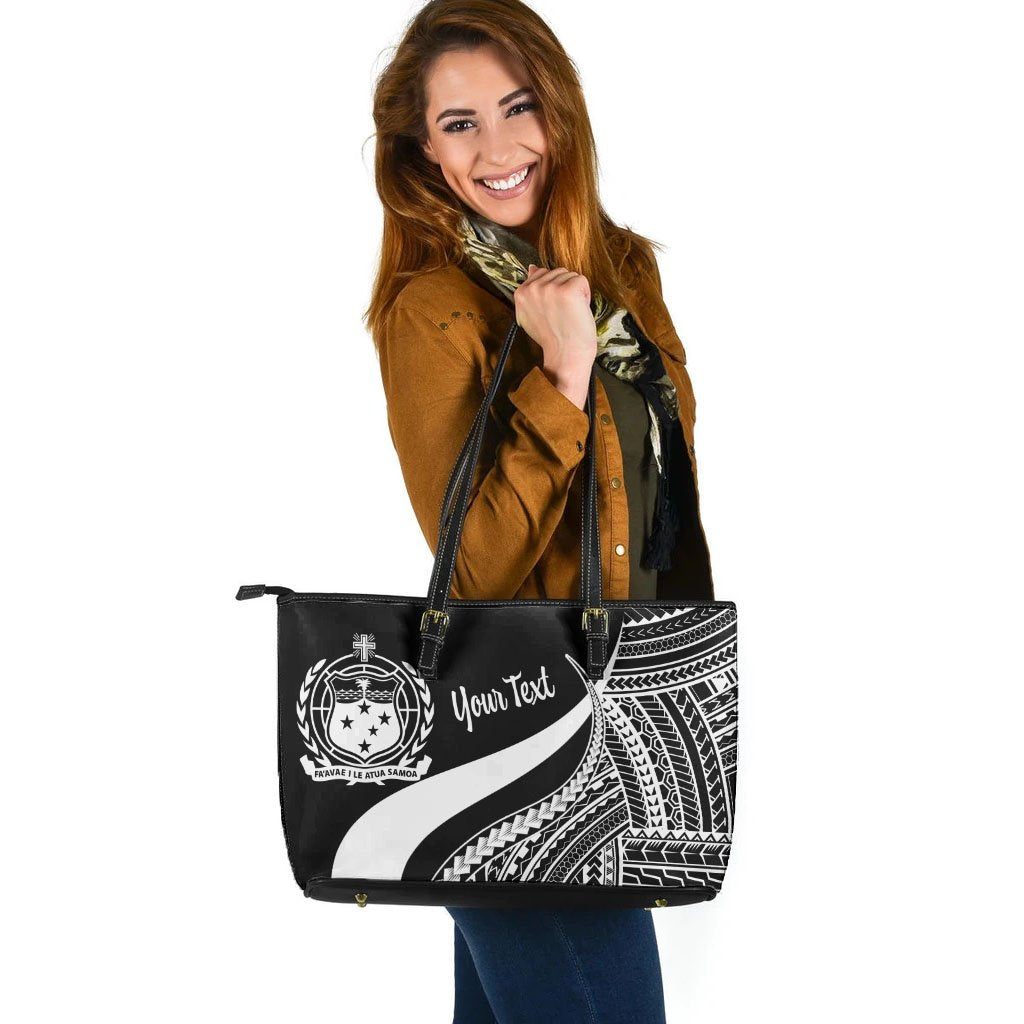 Samoa Custom Personalised Large Leather Tote Bag - White Polynesian Tentacle Tribal Pattern - Polynesian Pride