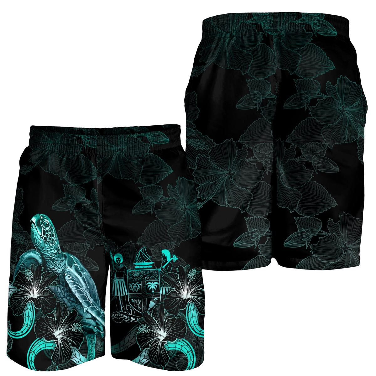 Fiji Polynesian Men's Shorts - Turtle With Blooming Hibiscus Turquoise - Polynesian Pride