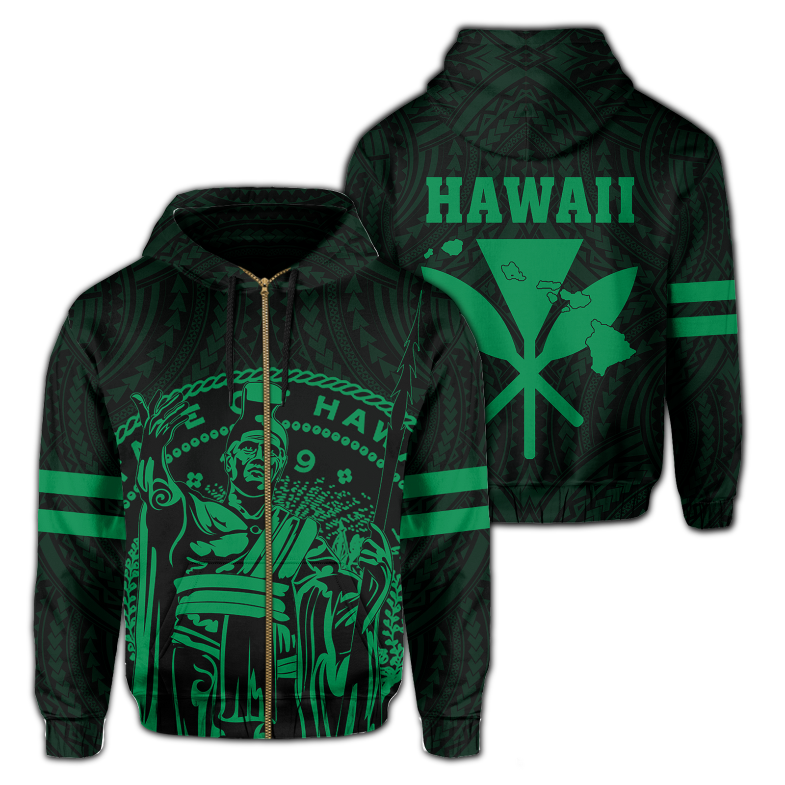 Polynesian King Kanaka Map Seal of Hawaii Zip Hoodie Green Unisex Green - Polynesian Pride
