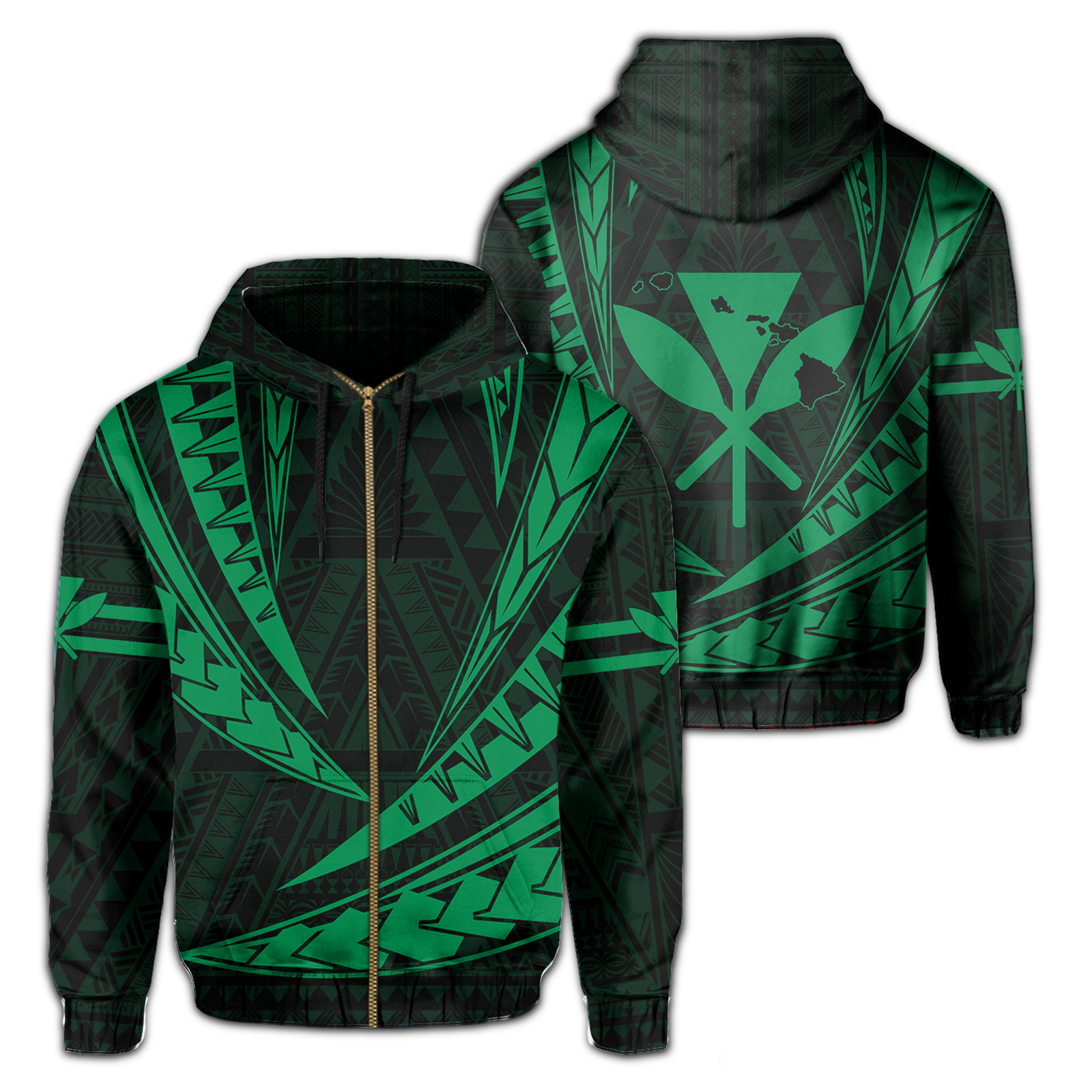 Polynesian Kakau Kanaka Maoli Map Hawaii Zip Hoodie Green Unisex Green - Polynesian Pride