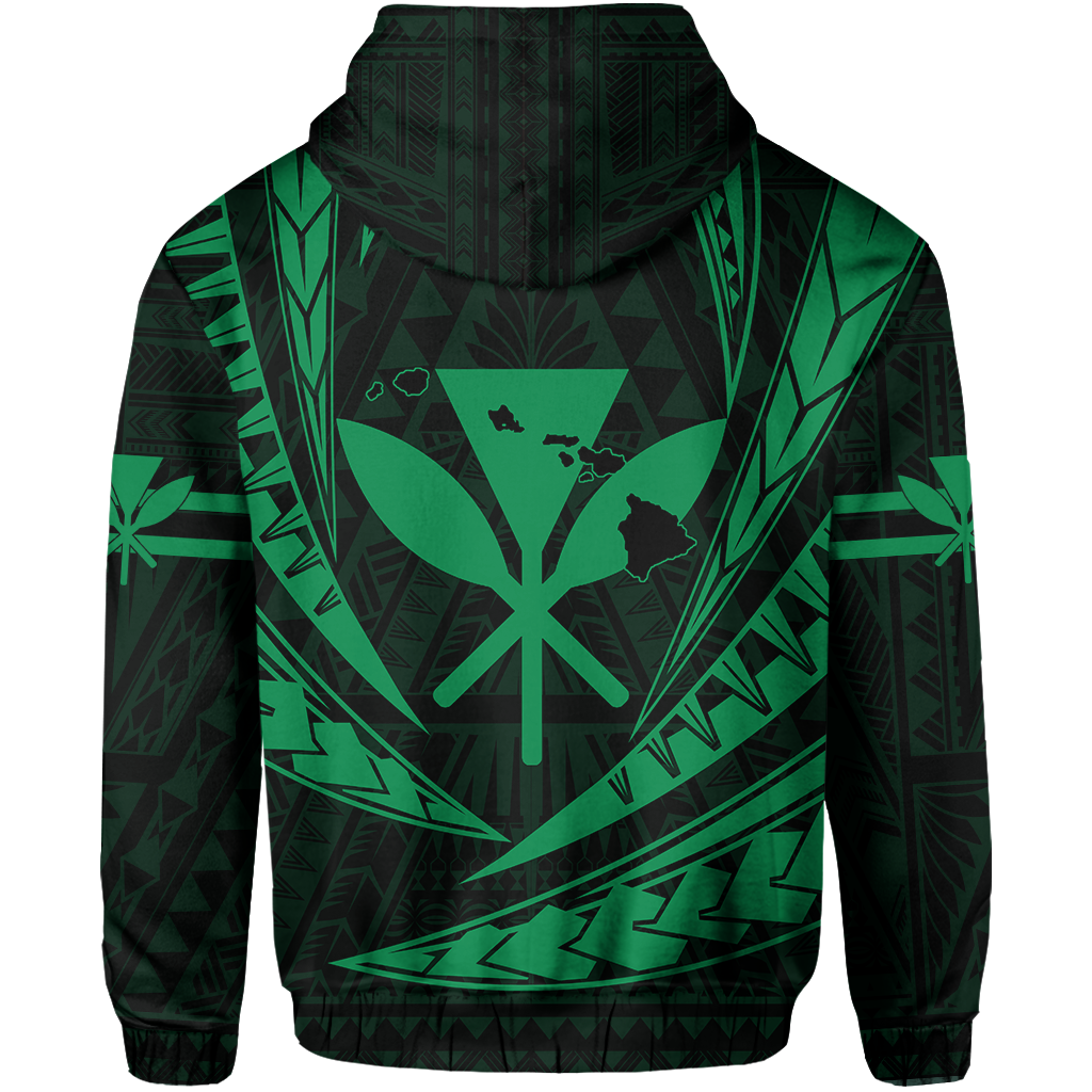 Polynesian Kakau Kanaka Maoli Map Hawaii Zip Hoodie Green - Polynesian Pride
