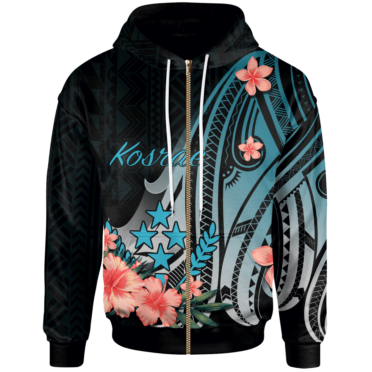 Kosrae Zip Hoodie Turquoise Polynesian Hibiscus Pattern Style Unisex Turquoise - Polynesian Pride