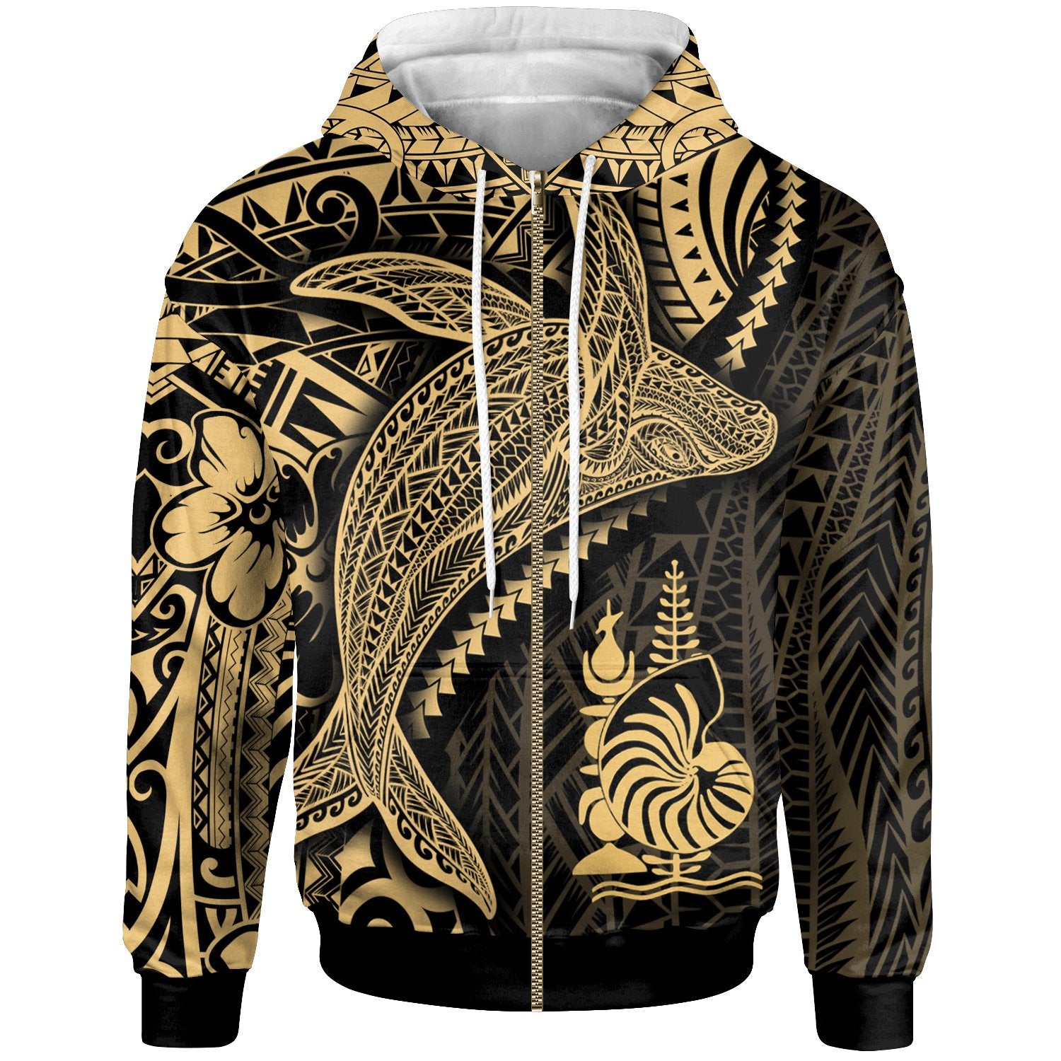 New Caledonia Zip up Hoodie Humpback Whale & Coat of Arms Gold Unisex Gold - Polynesian Pride