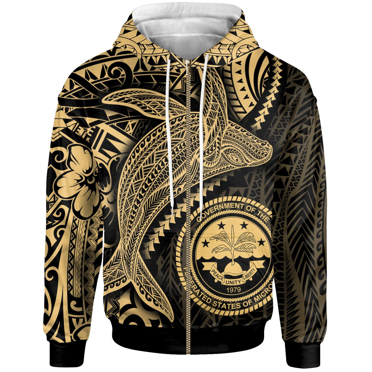 Federated States of Micronesia Zip up Hoodie Humpback Whale & Coat of Arms Gold Unisex Gold - Polynesian Pride