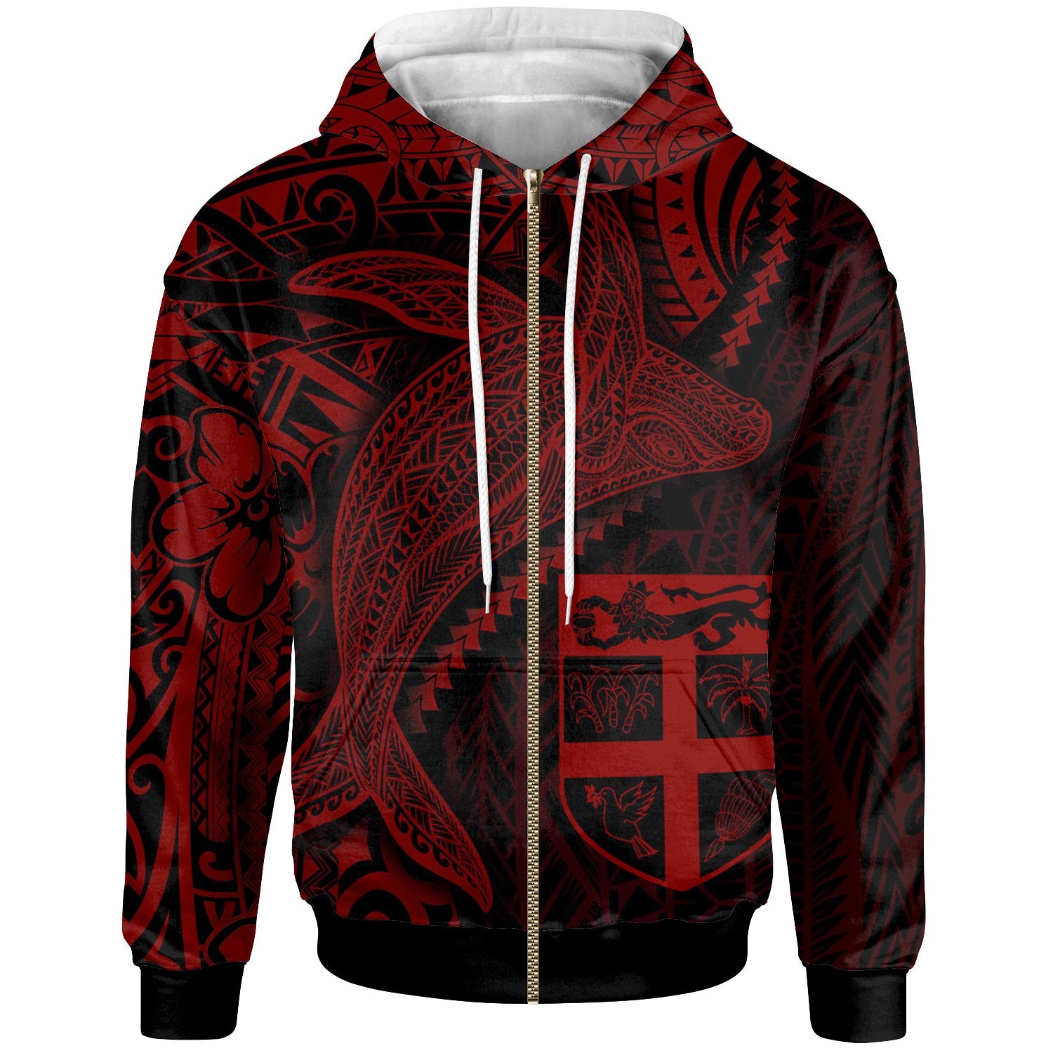 Fiji Zip up Hoodie Humpback Whale & Coat of Arms Red Unisex Red - Polynesian Pride