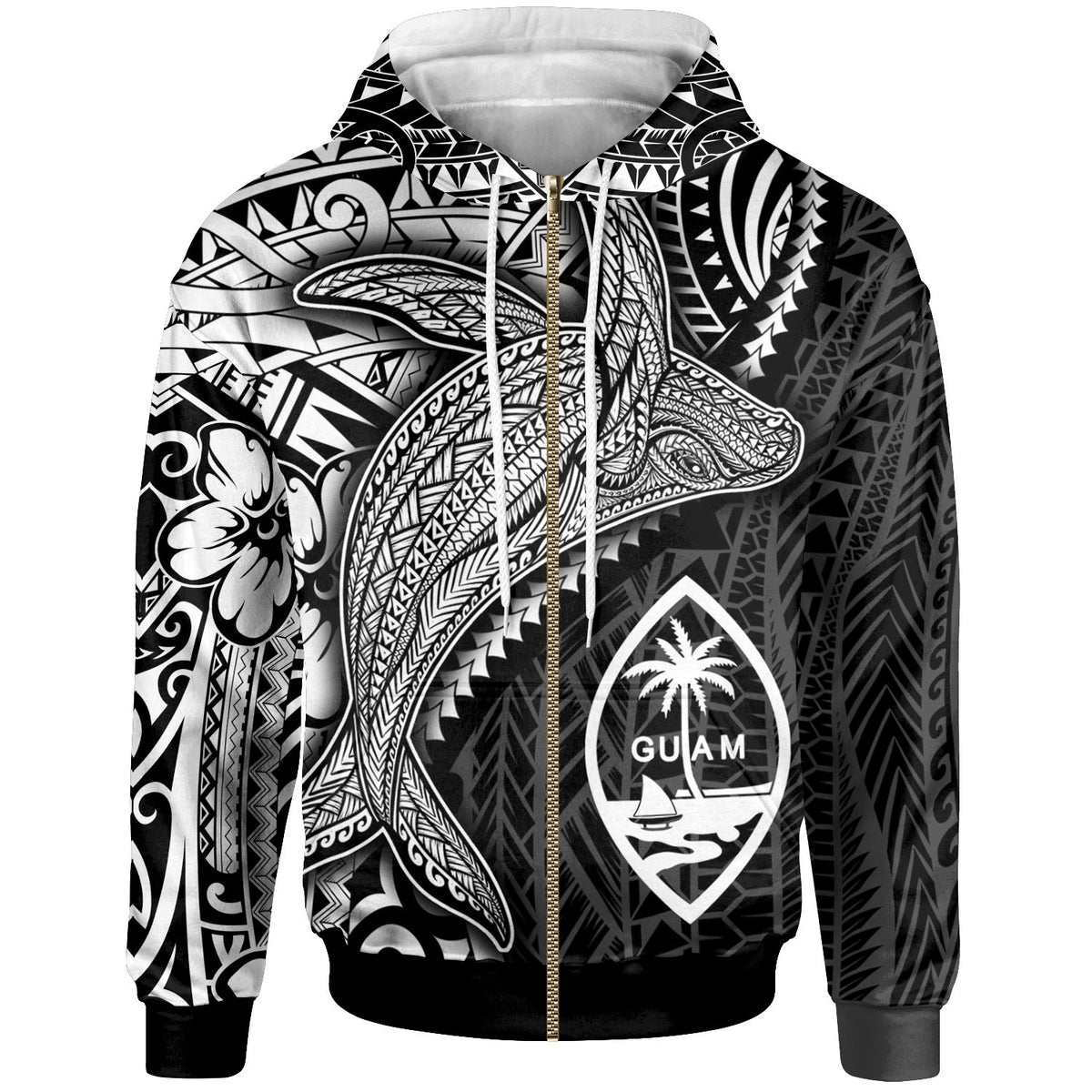 Guam Zip up Hoodie Humpback Whale & Coat of Arms White Unisex White - Polynesian Pride