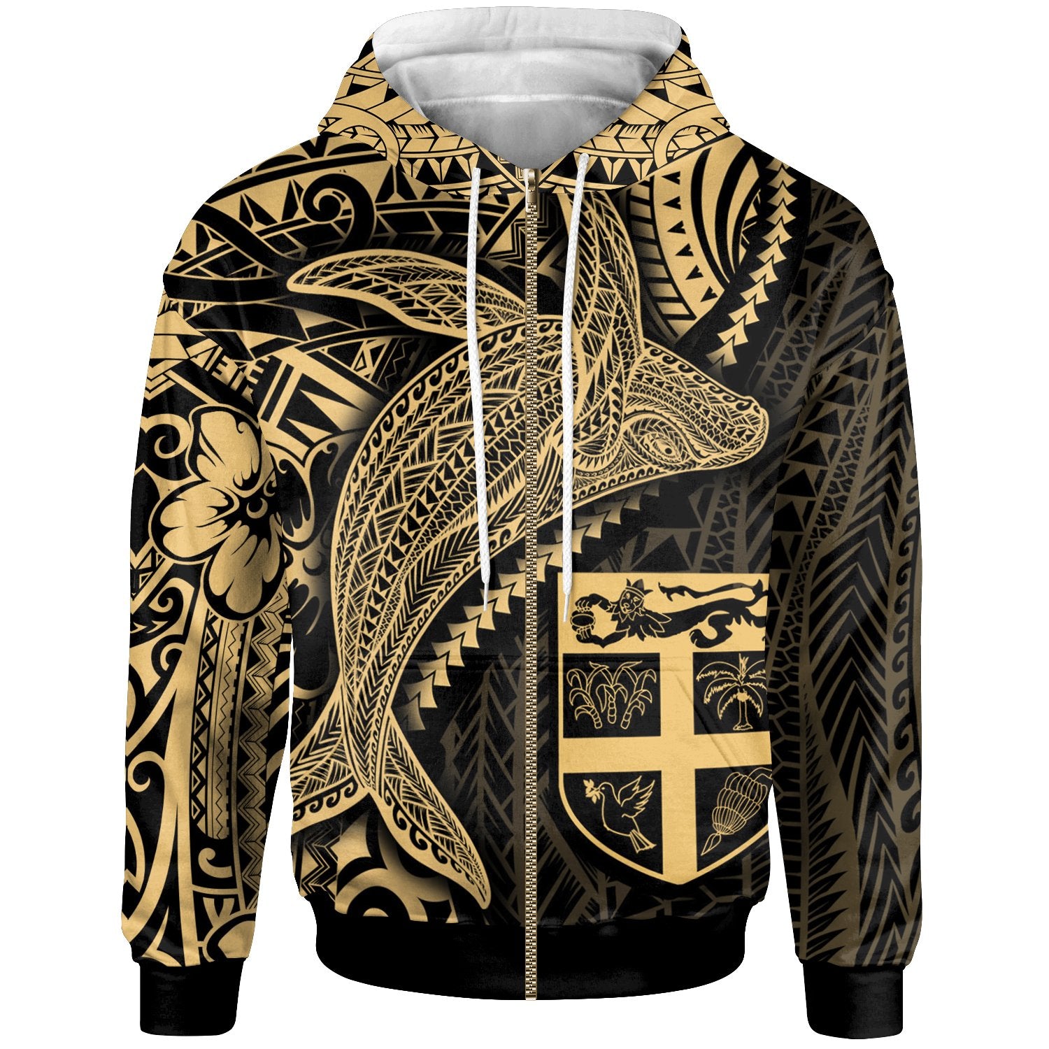 Fiji Zip up Hoodie Humpback Whale & Coat of Arms Gold Unisex Gold - Polynesian Pride