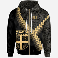 Fiji Zip up Hoodie Fiji Coat of Arms With Polynesian Tattoo Gold Unisex Gold - Polynesian Pride