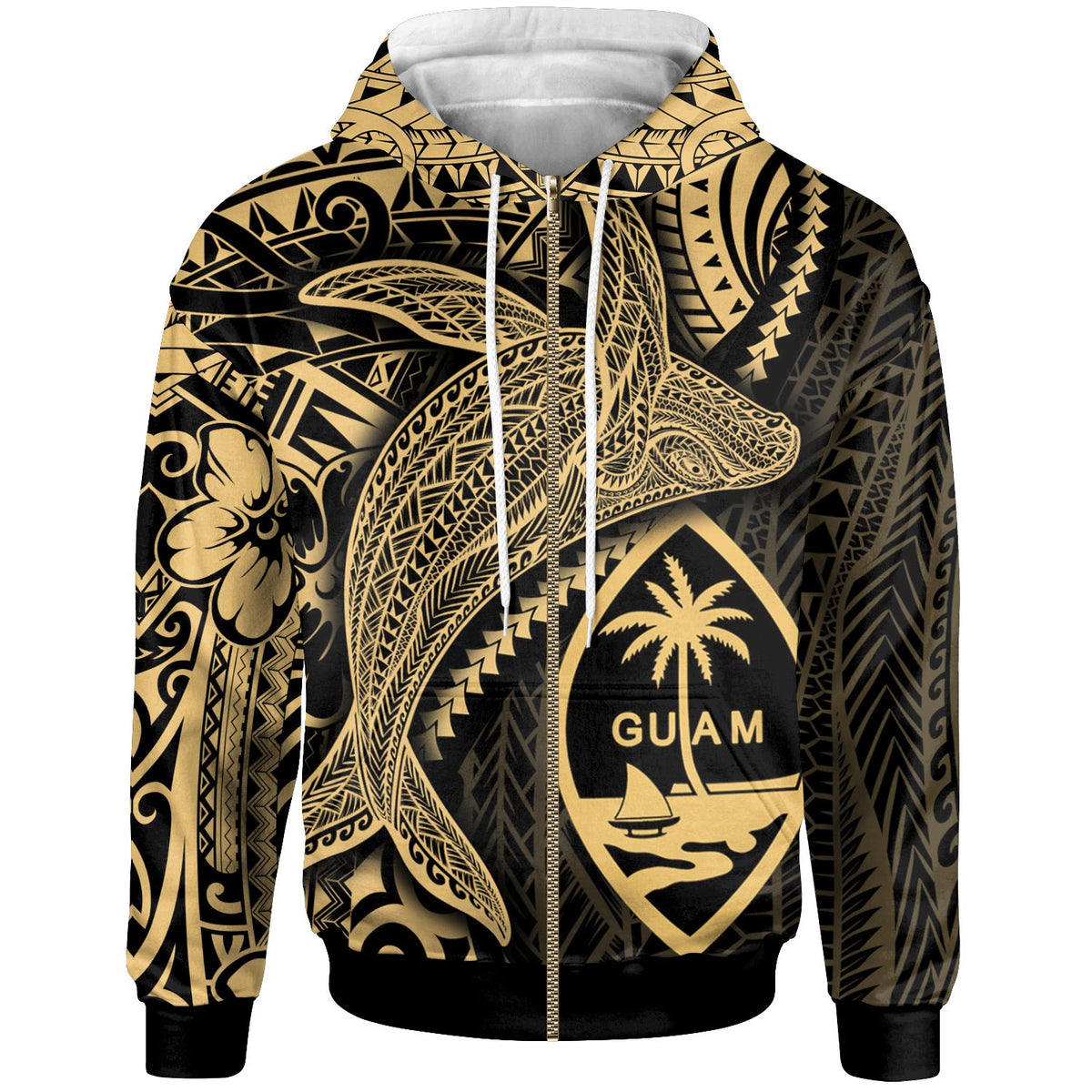 Guam Zip up Hoodie Humpback Whale & Coat of Arms Gold Unisex Gold - Polynesian Pride