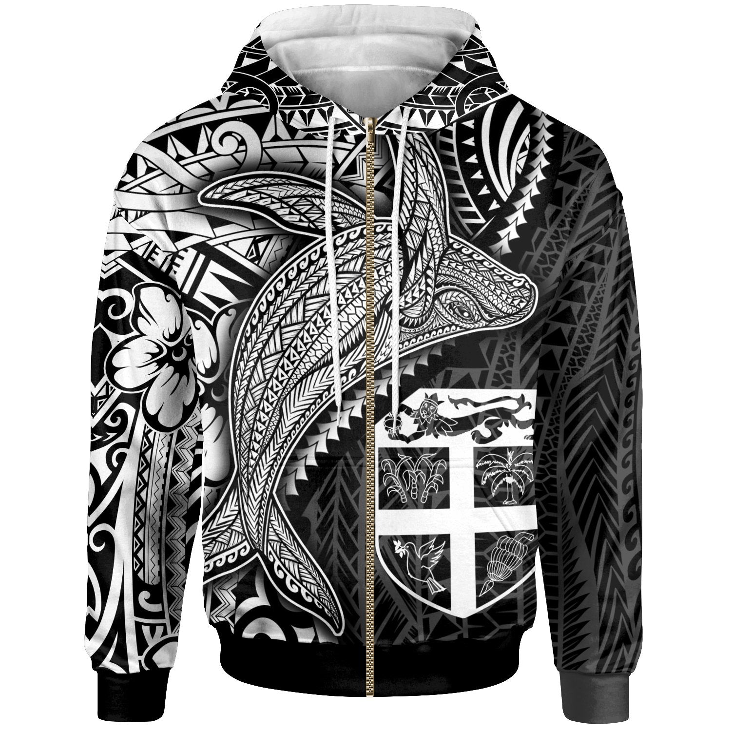 Fiji Coat of Arm Zip up Hoodie Humpback Whale & Coat of Arms White Unisex White - Polynesian Pride