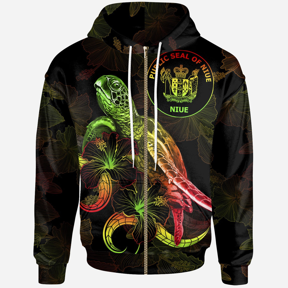 Niue Polynesian Zip up Hoodie Turtle With Blooming Hibiscus Reggae Unisex Reggae - Polynesian Pride