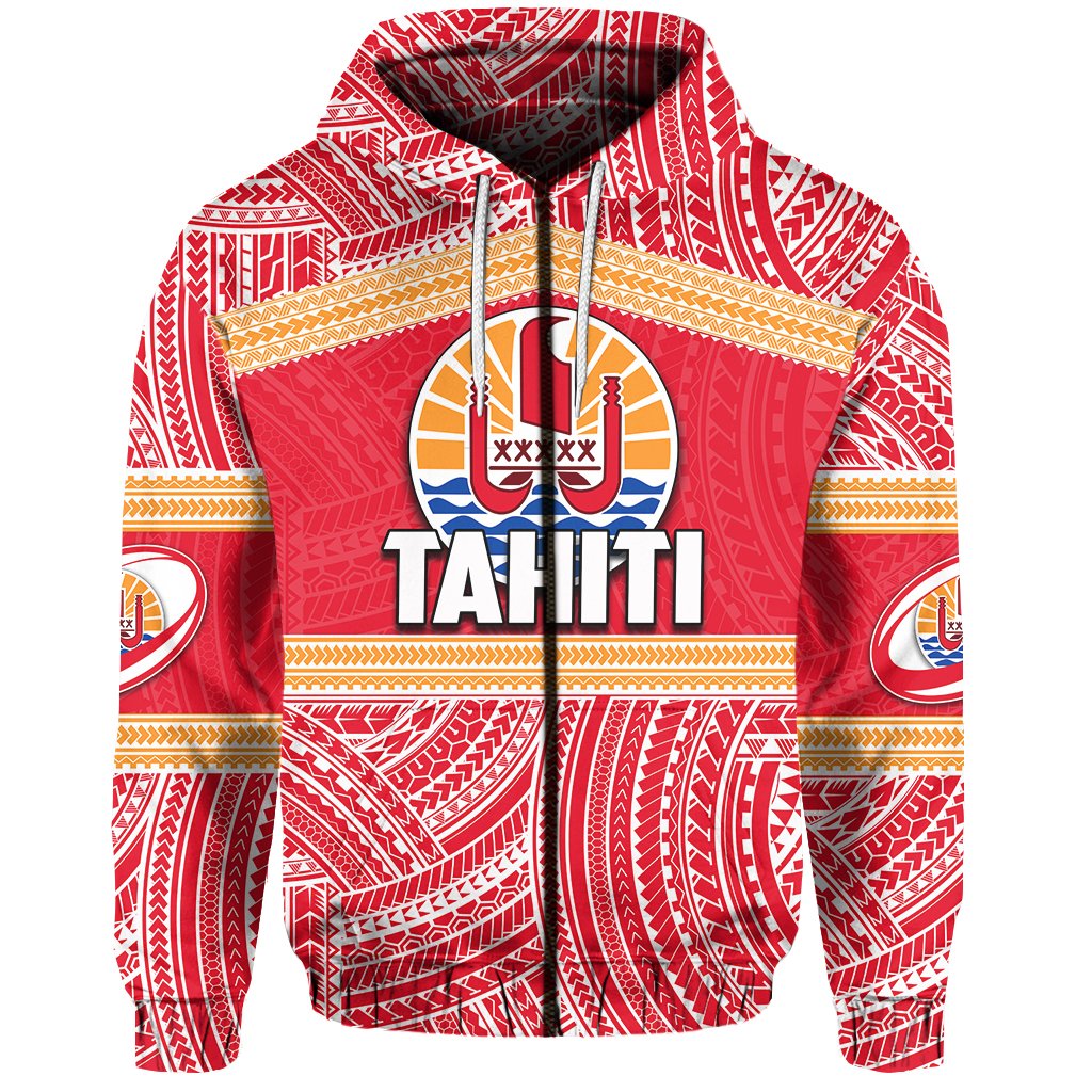 Tahiti Rugby Polynesian Patterns Zip Hoodie Unisex Red - Polynesian Pride