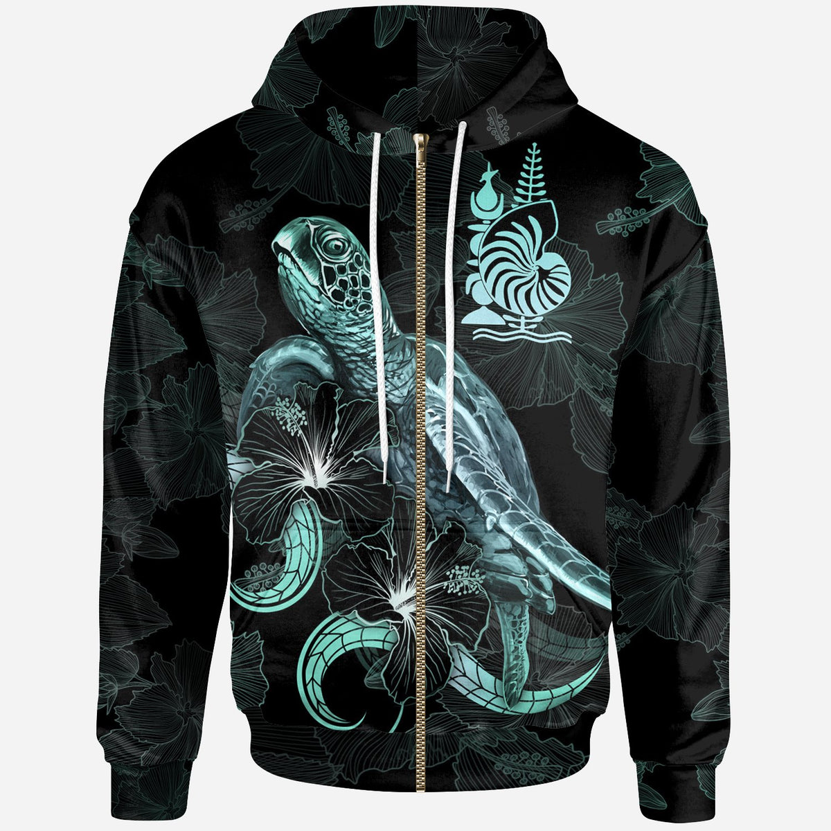 New Caledonia Polynesian Zip up Hoodie Turtle With Blooming Hibiscus Turquoise Unisex Turquoise - Polynesian Pride