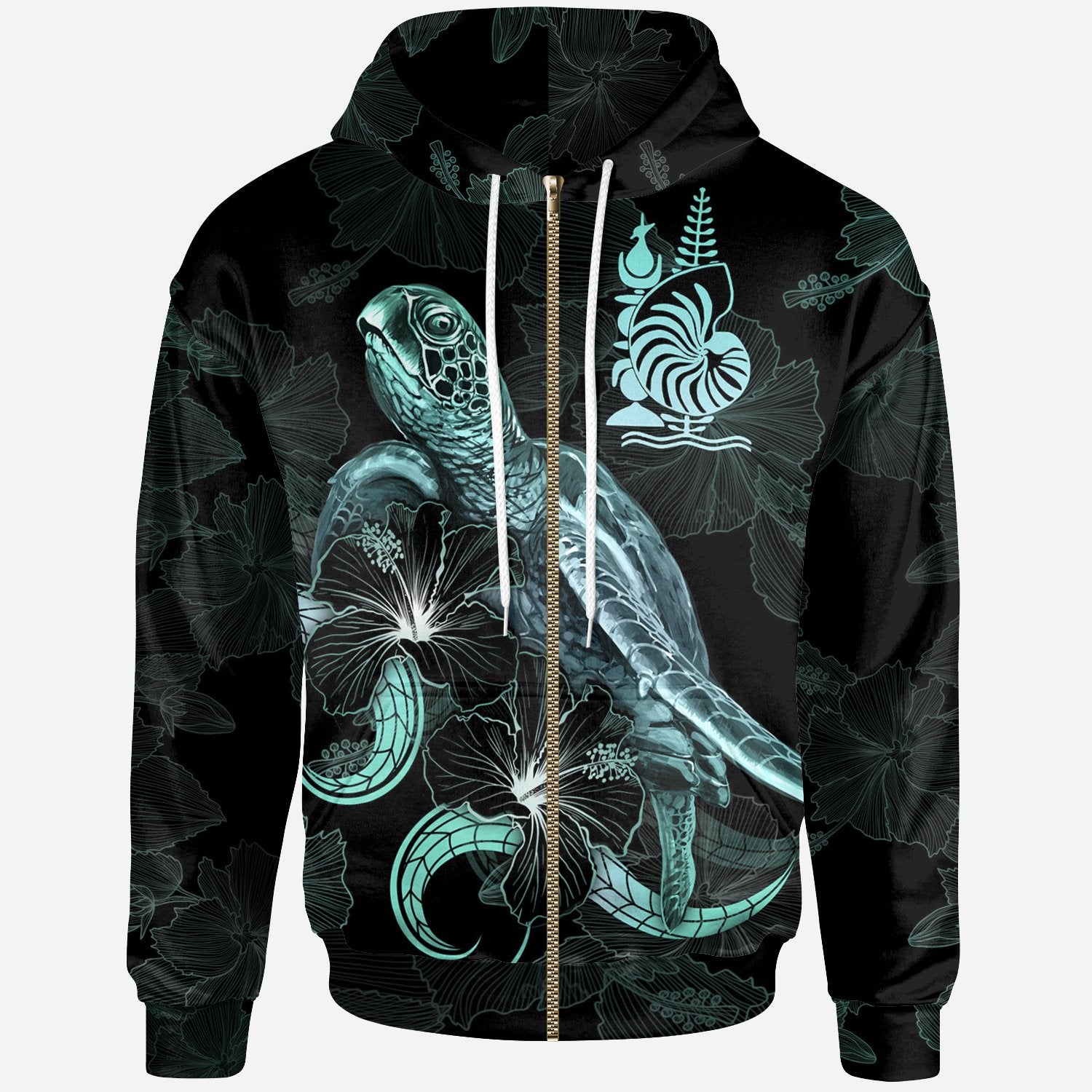 New Caledonia Polynesian Zip up Hoodie Turtle With Blooming Hibiscus Turquoise Unisex Turquoise - Polynesian Pride